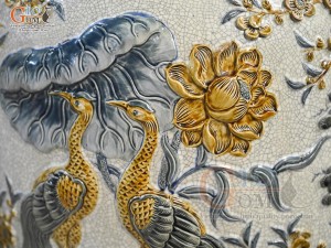 Đôi lộc bình men rạn đắp nổi Phúc Lộc Thọ Công kênh, cao 1m55