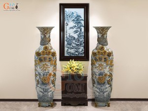 Đôi lộc bình men rạn đắp nổi Phúc Lộc Thọ Công kênh, cao 1m75