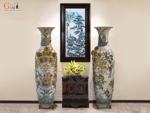 Đôi lộc bình men rạn đắp nổi Phúc Lộc Thọ Công kênh, cao 1m55