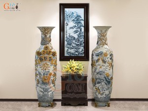 Đôi lộc bình men rạn đắp nổi Phúc Lộc Thọ Công kênh, cao 1m55