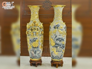 Đôi lộc bình men rạn đắp nổi Phúc Lộc Thọ Dát Vàng 24k, cao 1m40