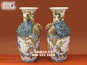 Đôi lộc bình men rạn đắp nổi Phúc Lộc Thọ kênh, cao 60cm