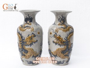 Đôi lộc bình men rạn đắp nổi Rồng Phú Quý, cao 26cm