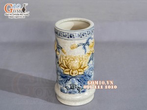 Ống hương men rạn đắp nổi Sen Đại Cát, cao 19cm (S3)