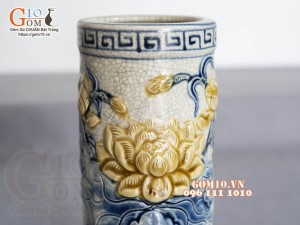 Ống hương men rạn đắp nổi Sen Đại Cát, cao 19cm (S3)