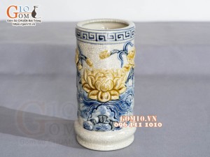 Ống hương men rạn đắp nổi Sen Đại Cát, cao 22cm (S1)