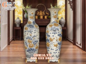 Đôi lộc bình men rạn đắp nổi Sen Phú Quý, cao 1m4