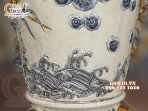 Đôi lộc bình men rạn đắp nổi Sen Phú Quý, cao 1m4