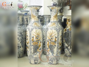 Đôi lộc bình men rạn đắp nổi Tứ Cảnh Bốn Mùa màu, cao 1m60