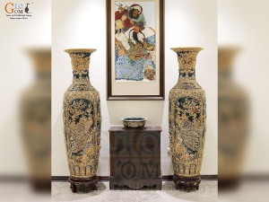 Đôi lộc bình men rạn đắp nổi tứ cảnh Phúc Đức vẽ vàng 24k, cao 140cm