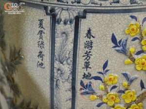 Đôi lộc bình men rạn đắp nổi tứ cảnh Tùng Cúc Trúc Mai vẽ màu, cao 1m70