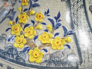 Đôi lộc bình men rạn đắp nổi tứ cảnh Tùng Cúc Trúc Mai vẽ màu, cao 1m70