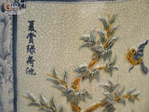 Đôi lộc bình men rạn đắp nổi tứ cảnh Tùng Cúc Trúc Mai vẽ màu, cao 1m70