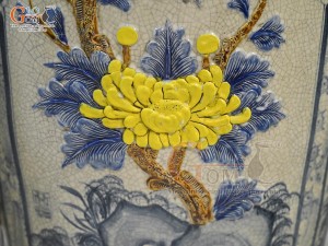 Đôi lộc bình men rạn đắp nổi tứ cảnh Tùng Cúc Trúc Mai vẽ màu, cao 1m70