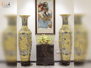 Đôi lộc bình men rạn đắp nổi tứ linh Long Lân Quy Phụng dát vàng 24k, cao 140cm