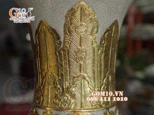 Đôi lộc bình men rạn đắp nổi Dát Vàng, họa tiết Tùng Cúc Trúc Mai cao 1m4