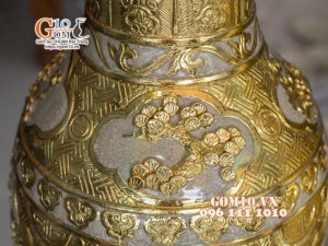 Đôi lộc bình men rạn đắp nổi Dát Vàng, họa tiết Tùng Cúc Trúc Mai cao 1m4