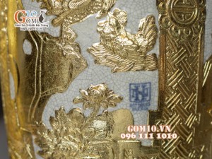 Đôi lộc bình men rạn đắp nổi Dát Vàng, họa tiết Tùng Cúc Trúc Mai cao 1m4