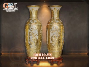 Đôi lộc bình men rạn đắp nổi Dát Vàng, họa tiết Tùng Cúc Trúc Mai cao 1m