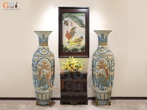 Đôi lộc bình men rạn đắp nổi Tùng Cúc Trúc Mai, cao 1m75