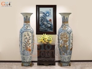 Đôi lộc bình men rạn đắp nổi Tùng Cúc Trúc Mai, cao 1m30 (Bổ khung vẽ)