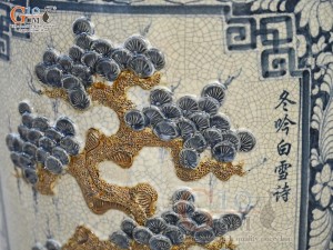 Đôi lộc bình men rạn đắp nổi Tùng Cúc Trúc Mai, cao 1m30 (Bổ khung vẽ)