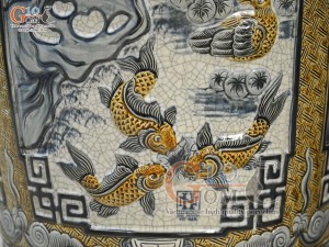 Đôi lộc bình men rạn đắp nổi Tùng Cúc Trúc Mai đuôi kênh, cao 1m75