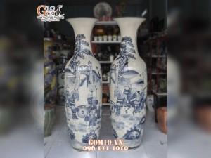 Đôi lộc bình men rạn họa tiết Vinh Quy Bái Tổ 1m75