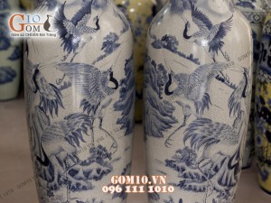 Đôi lộc bình men rạn, vẽ Bách Hạc Quần Tùng 1m4 – Hàng vẽ kĩ