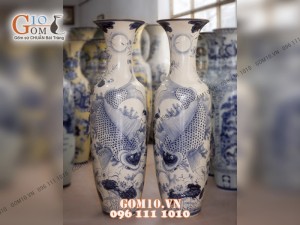Đôi lộc bình men rạn, vẽ Lý Ngư Vọng Nguyệt 1m4 – Hàng vẽ kĩ