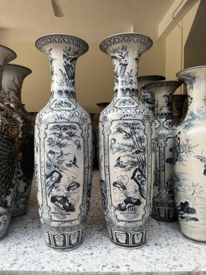 Đôi lộc bình men rạn, vẽ tứ cảnh bốn mùa, Phúc Đức, cao 1m60