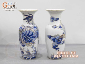 Đôi lộc bình men lam cổ họa tiết Rồng vẽ vàng 24k, cao 32cm