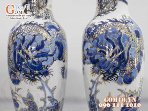 Đôi lộc bình men lam cổ họa tiết Rồng vẽ vàng 24k, cao 32cm