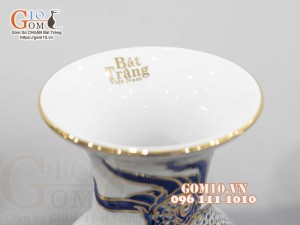 Đôi lộc bình men lam cổ họa tiết Rồng vẽ vàng 24k, cao 32cm