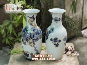 Đôi lộc bình men rong cổ họa tiết Rồng, cao 36cm - Vẽ vàng 24k