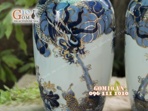Đôi lộc bình men rong cổ họa tiết Rồng, cao 36cm - Vẽ vàng 24k