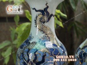 Đôi lộc bình men rong cổ họa tiết Rồng, cao 36cm - Vẽ vàng 24k