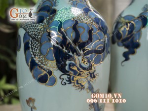 Đôi lộc bình men rong cổ họa tiết Rồng, cao 36cm - Vẽ vàng 24k
