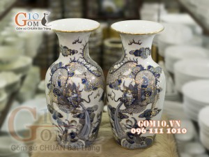 Đôi lộc bình men rong cổ vẽ vàng cao cấp - họa tiết Rồng, cao 38cm