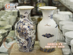 Đôi lộc bình men rong cổ vẽ vàng cao cấp - họa tiết Rồng, cao 38cm