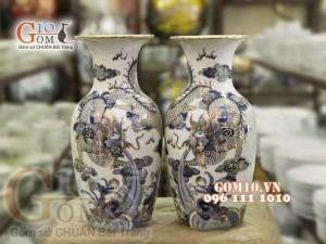 Đôi lộc bình men rong cổ vẽ vàng cao cấp - họa tiết Rồng, cao 38cm