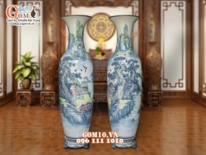 Đôi lộc bình men chàm cổ họa tiết Sơn Thủy, cao 1m75