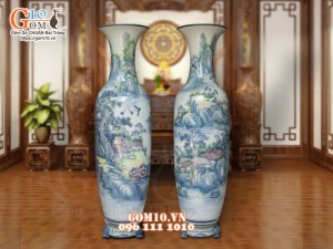 Đôi lộc bình men chàm cổ họa tiết Sơn Thủy, cao 1m75