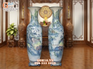 Đôi lộc bình men chàm cổ họa tiết Sơn Thủy, cao 1m75