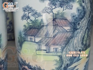 Đôi lộc bình men chàm cổ họa tiết Sơn Thủy, cao 1m75