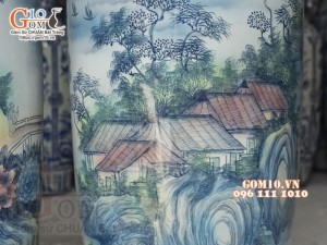 Đôi lộc bình men chàm cổ họa tiết Sơn Thủy, cao 1m75