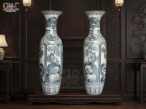 Đôi lộc bình men tràm cổ họa tiết Tứ Cảnh nổi, cao 1m40