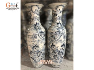 Đôi lộc bình men chàm cổ vẽ Cá Chép Hóa Rồng, cao 1m55