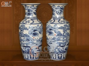 Đôi lộc bình men tràm cổ vẽ cảnh sơn thủy, cao 80cm