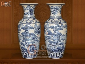 Đôi lộc bình men tràm cổ vẽ cảnh sơn thủy, cao 80cm